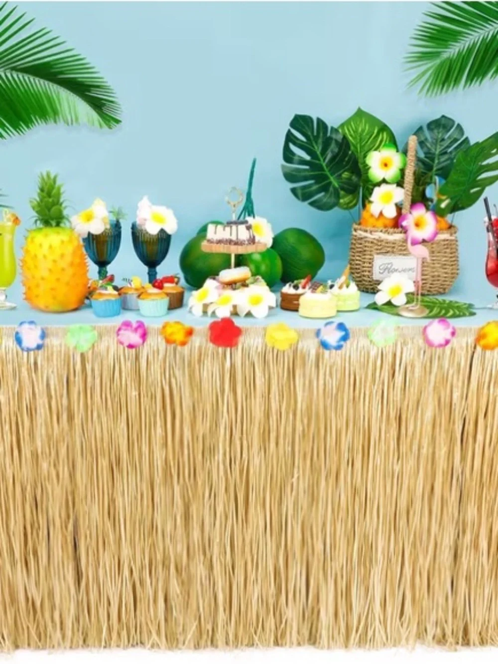New Tiki Grass Table Skirt with Multicolor Flower Trim - Natural 108”